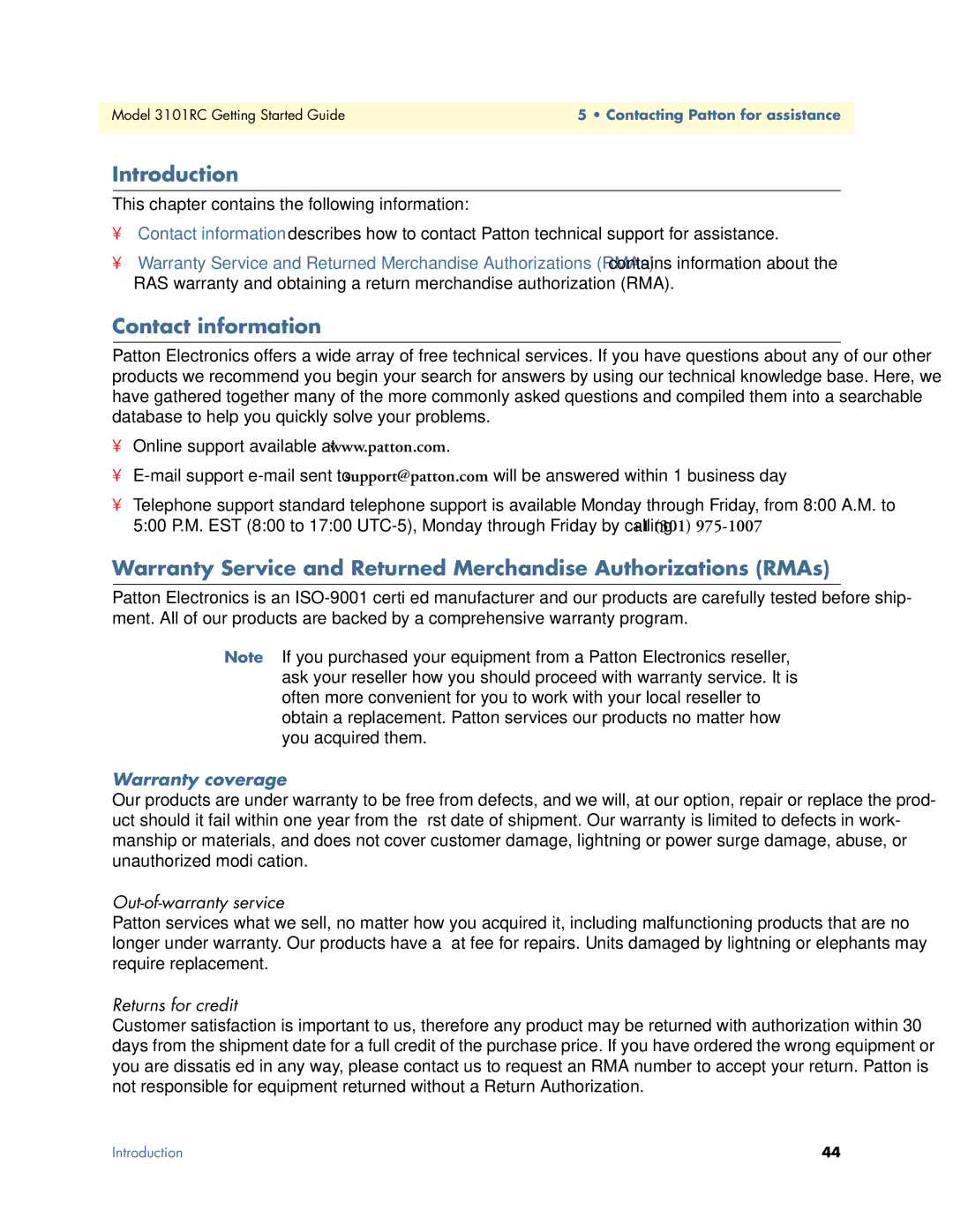 Patton electronic Model 3101RC manual Contact information, Warranty coverage, Out-of-warranty service, Returns for credit 