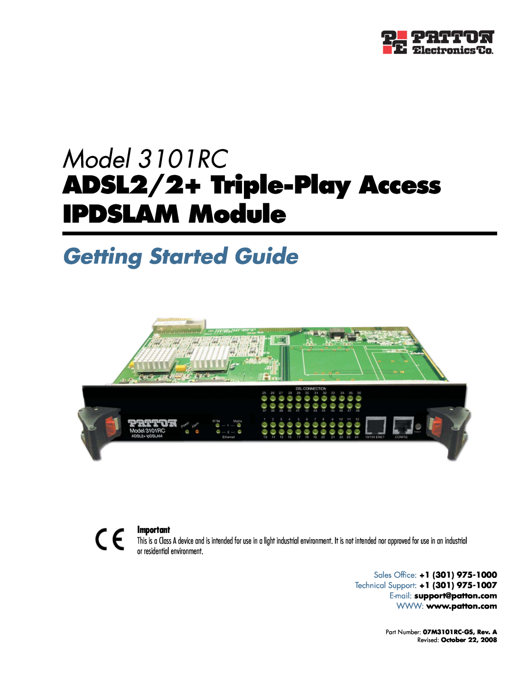 Patton electronic Model 3101RC manual ADSL2/2+ Triple-Play Access IPDSLAM Module, Getting Started Guide 