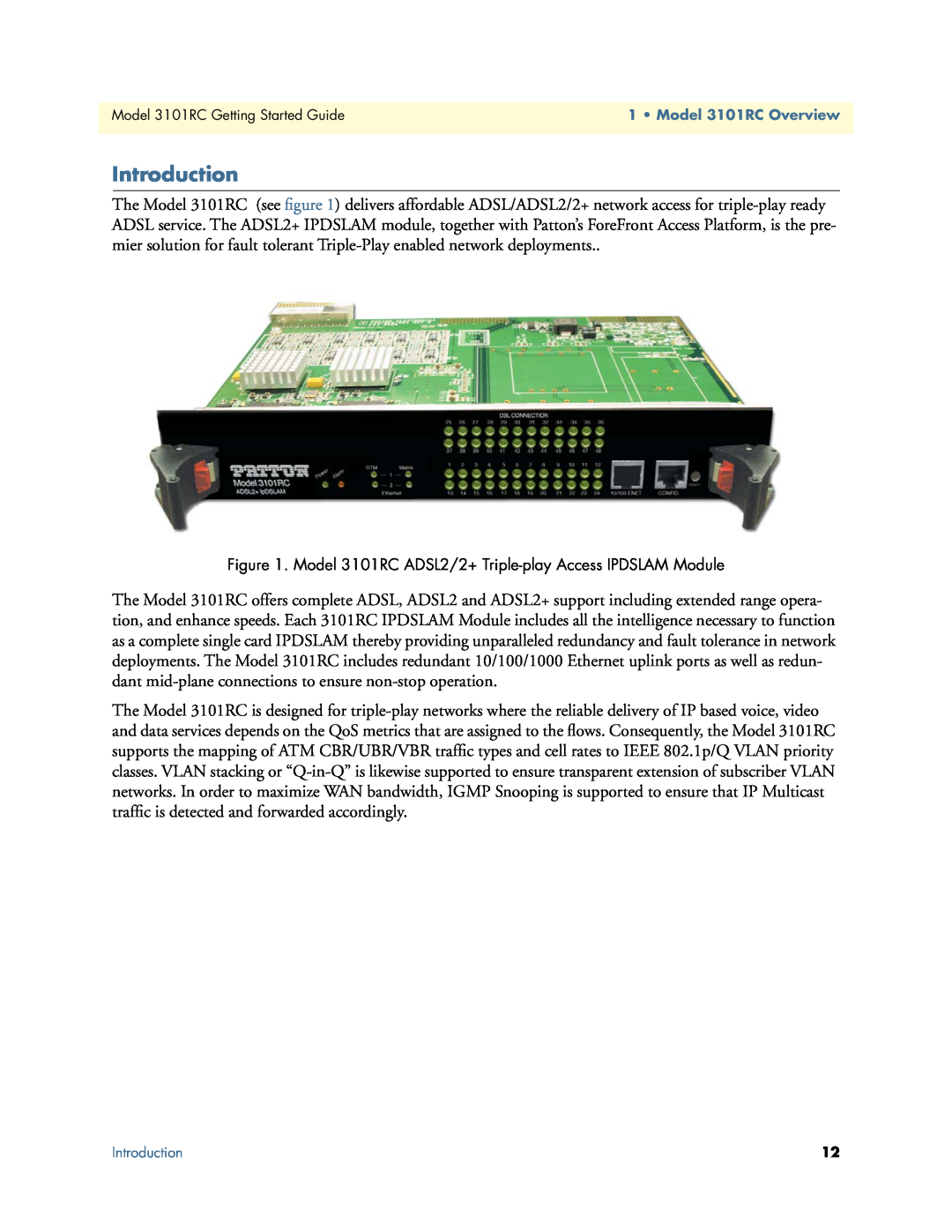 Patton electronic manual Introduction, Model 3101RC ADSL2/2+ Triple-play Access IPDSLAM Module 