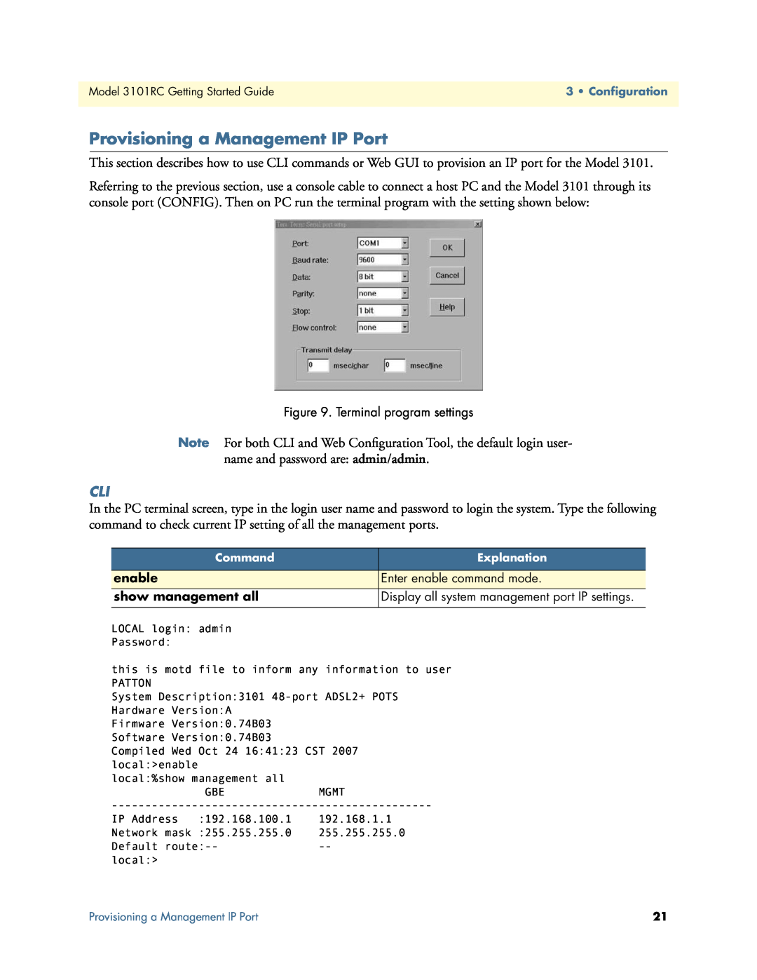 Patton electronic Model 3101RC manual Provisioning a Management IP Port 