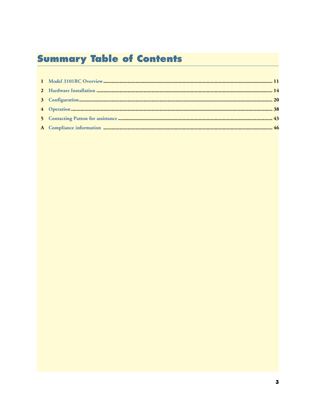 Patton electronic Summary Table of Contents, Model 3101RC Overview, Hardware Installation, Configuration, Operation 
