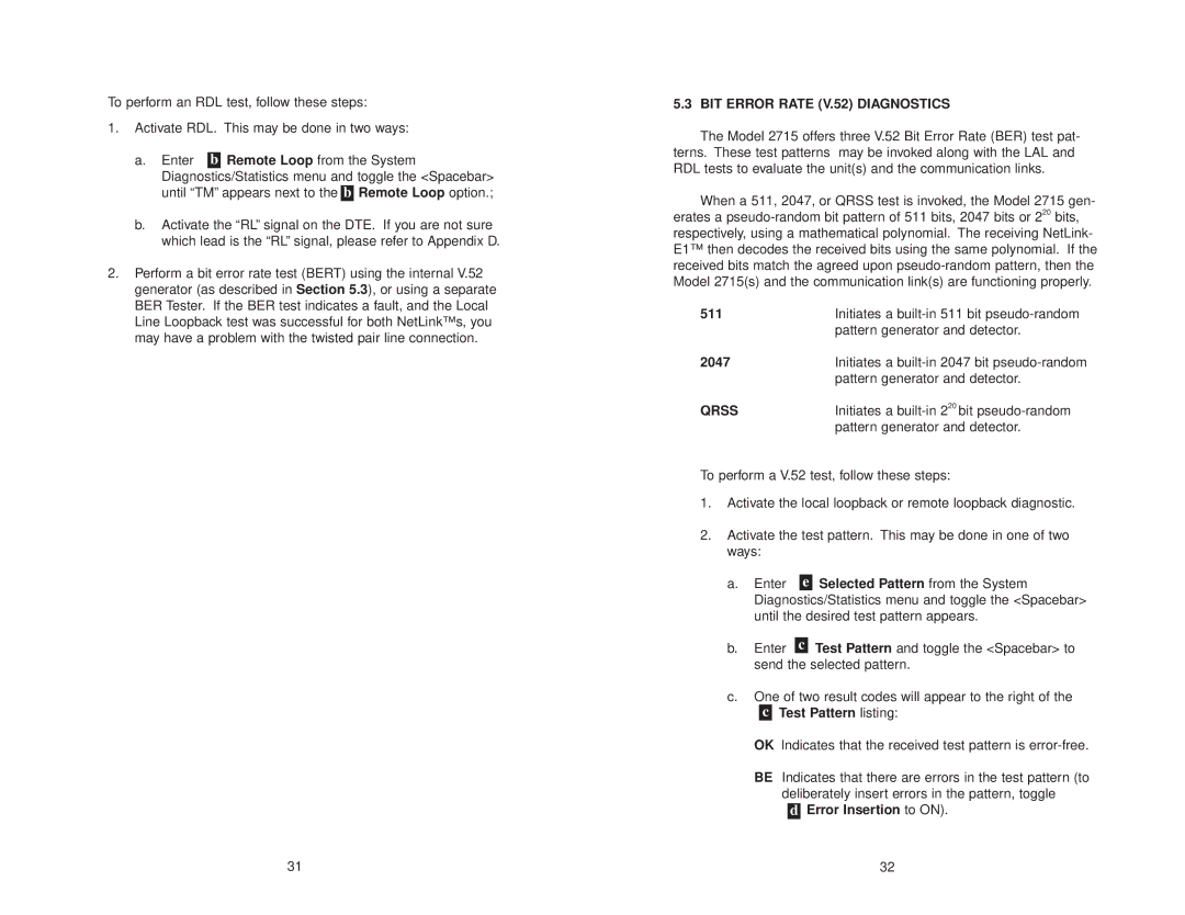 Patton electronic NetLink-E1 2715 user manual BIT Error Rate V.52 Diagnostics, 511, 2047, Qrss, Error Insertion to on 