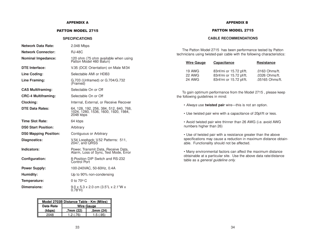 Patton electronic NetLink-E1 2715 user manual Specifications, Cable Recommendations 