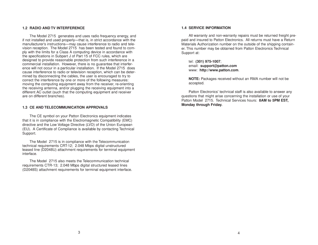 Patton electronic NetLink-E1 2715 Radio and TV Interference, CE and Telecommunication Approvals, Service Information 