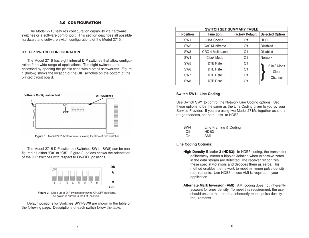 Patton electronic NetLink-E1 2715 user manual DIP Switch Configuration, Switch SET Summary Table, Switch SW1 Line Coding 