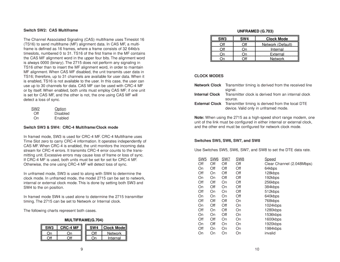 Patton electronic NetLink-E1 2715 user manual MULTIFRAMEG.704, CRC-4 MF, Unframed G.703 SW3 SW4, Clock Modes 