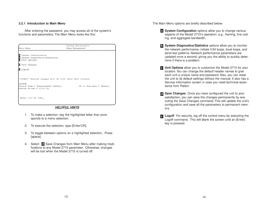 Patton electronic NetLink-E1 2715 user manual Introduction to Main Menu, Helpful Hints 