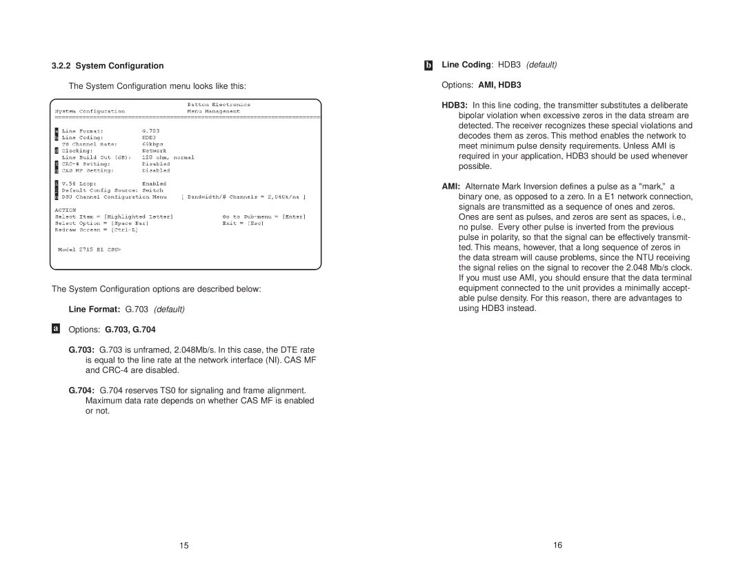 Patton electronic NetLink-E1 2715 user manual System Configuration, Line Format G.703 default Options G.703, G.704 