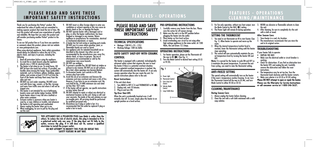 Patton electronic PPH3185 Technical Specifications, PRE-OPERATING Instructions, Setting the Thermostat, Troubleshooting 