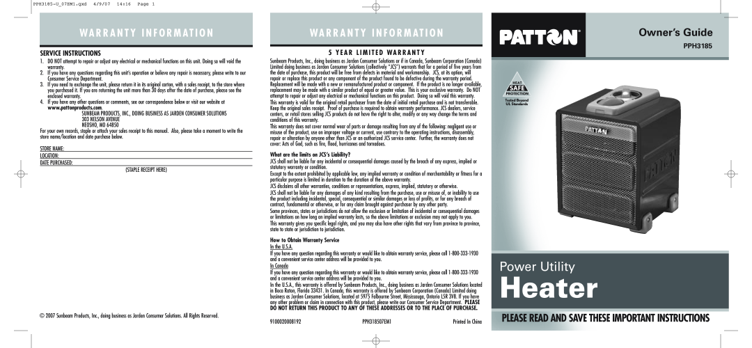 Patton electronic PPH3185 warranty Wa R R A N T Y I N F O R M At I O N, Owner’s Guide, Service Instructions, Heater 
