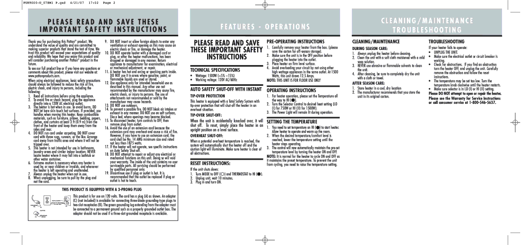 Patton electronic PUH9000 Technical Specifications, PRE-OPERATING Instructions, Cleaning/Maintenance, Troubleshooting 