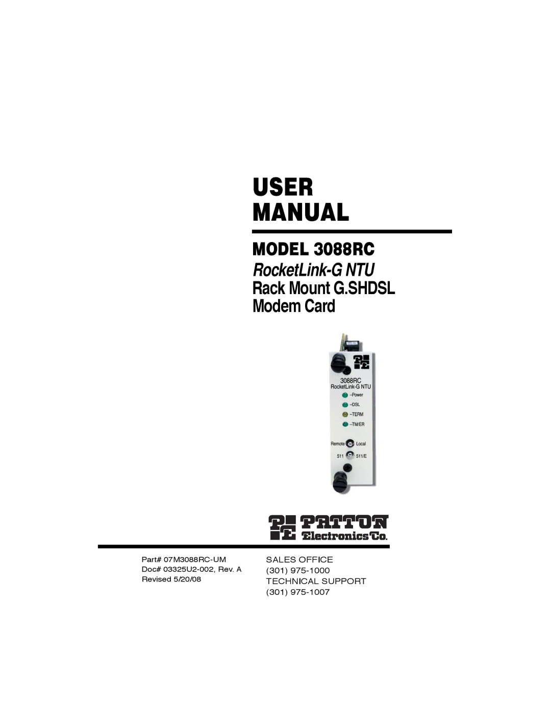 Patton electronic RocketLink-G NTU Rack Mount G.SHDSL Modem Card, 3088RC user manual User Manual 