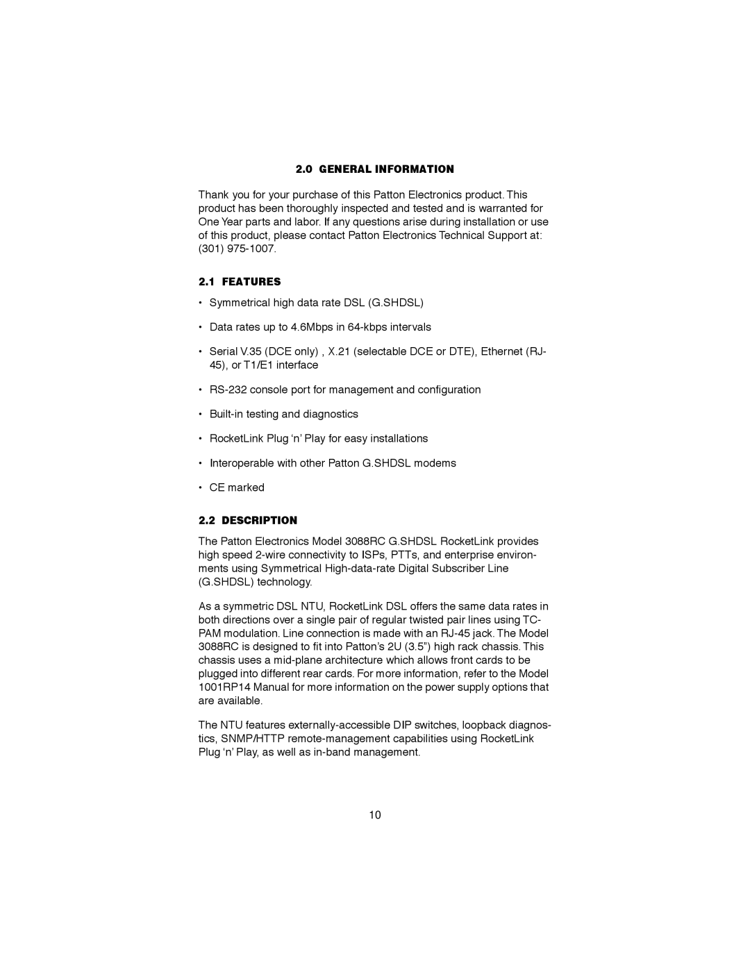 Patton electronic 3088RC, RocketLink-G NTU Rack Mount G.SHDSL Modem Card General Information, Features, Description 