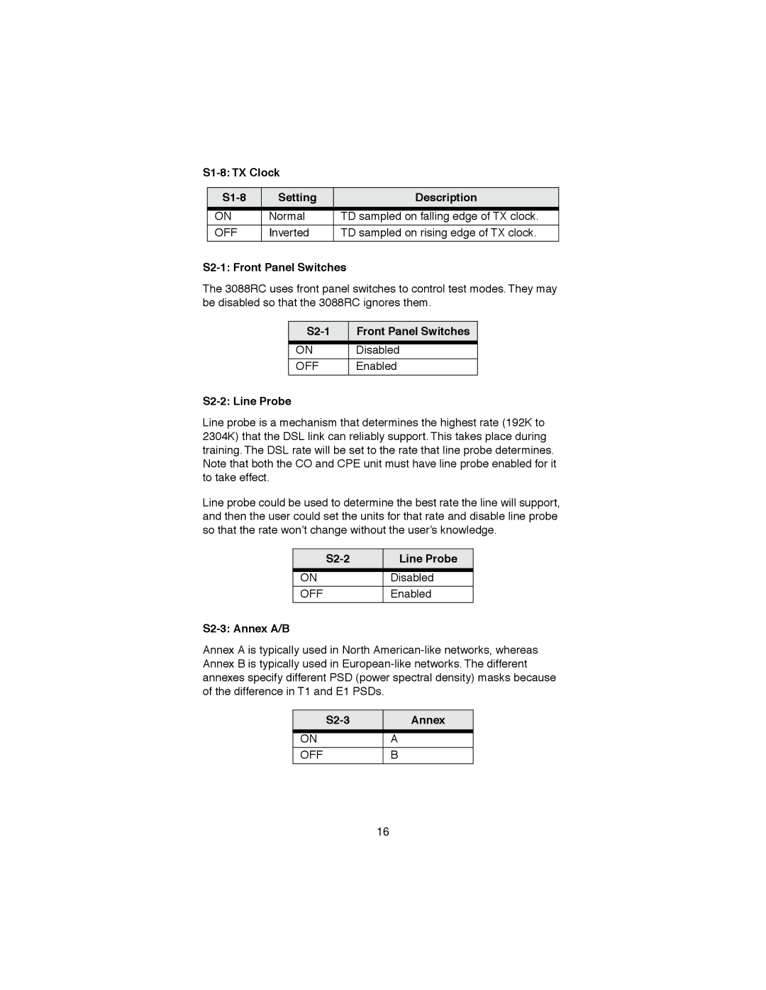 Patton electronic 3088RC S1-8 TX Clock Setting Description, S2-1 Front Panel Switches, S2-2 Line Probe, S2-3 Annex A/B 