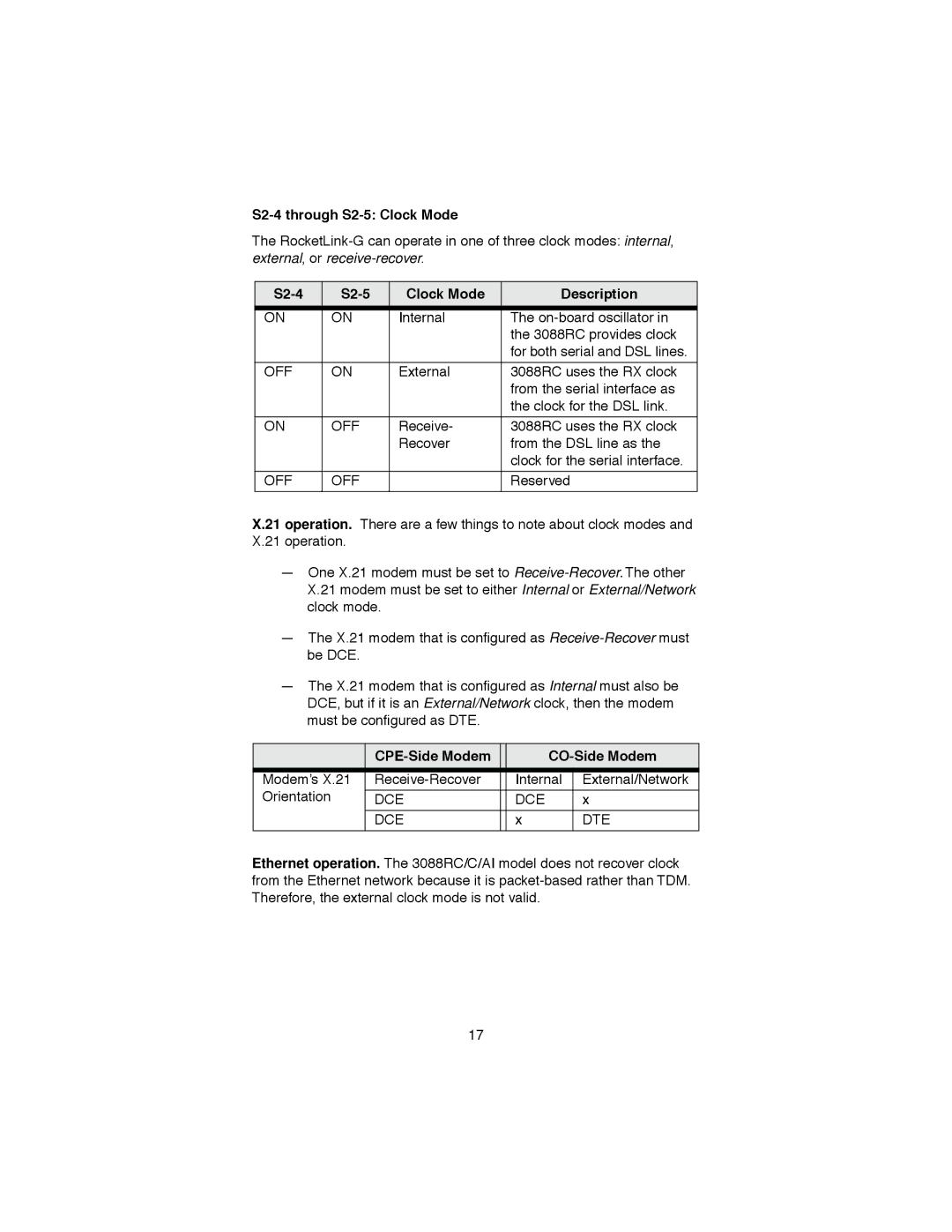 Patton electronic RocketLink-G NTU Rack Mount G.SHDSL Modem Card, 3088RC user manual S2-4 through S2-5 Clock Mode 