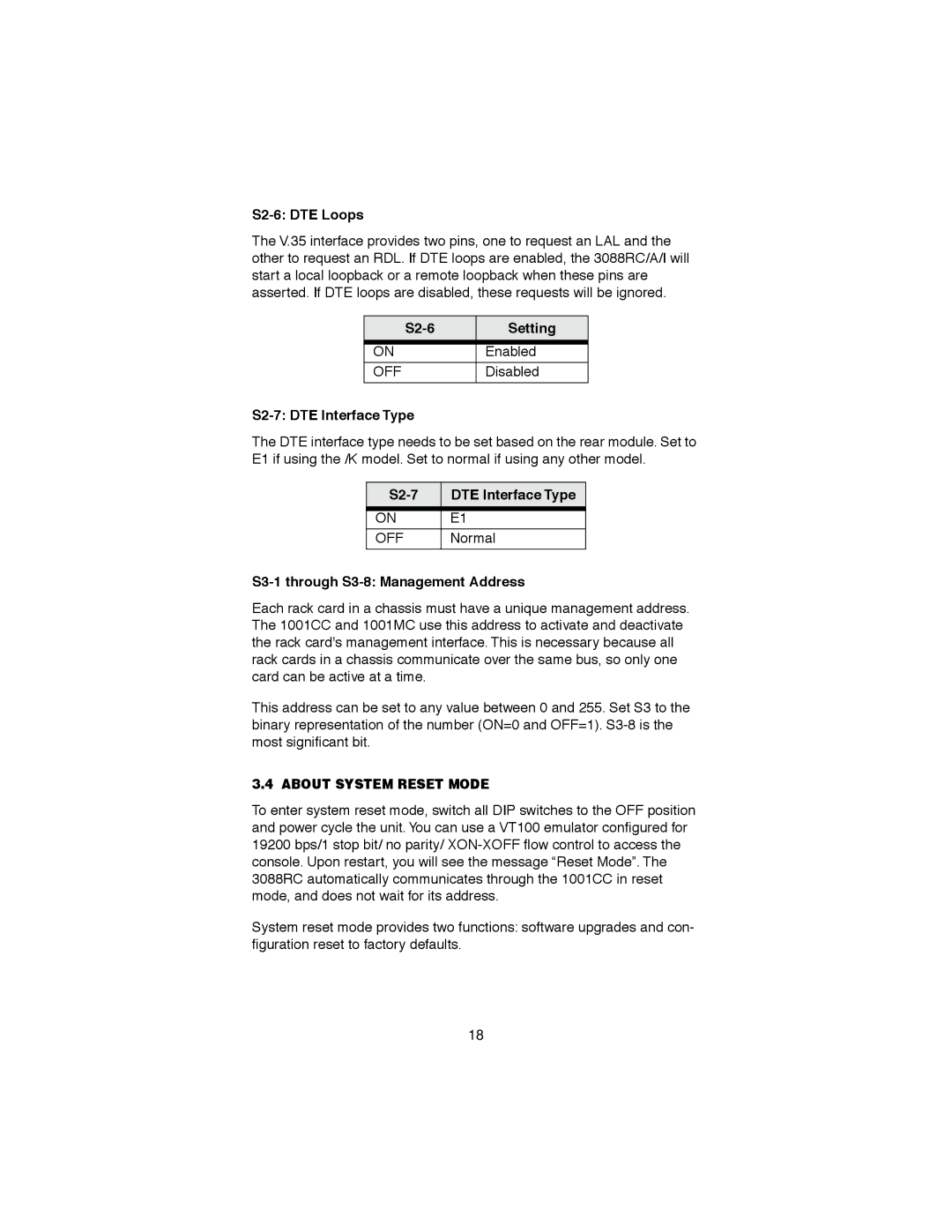 Patton electronic 3088RC S2-6 DTE Loops, S2-6 Setting, S2-7 DTE Interface Type, S3-1 through S3-8 Management Address 