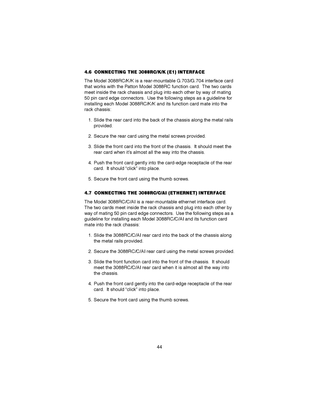 Patton electronic user manual Connecting the 3088RC/K/K E1 Interface, Connecting the 3088RC/C/AI Ethernet Interface 