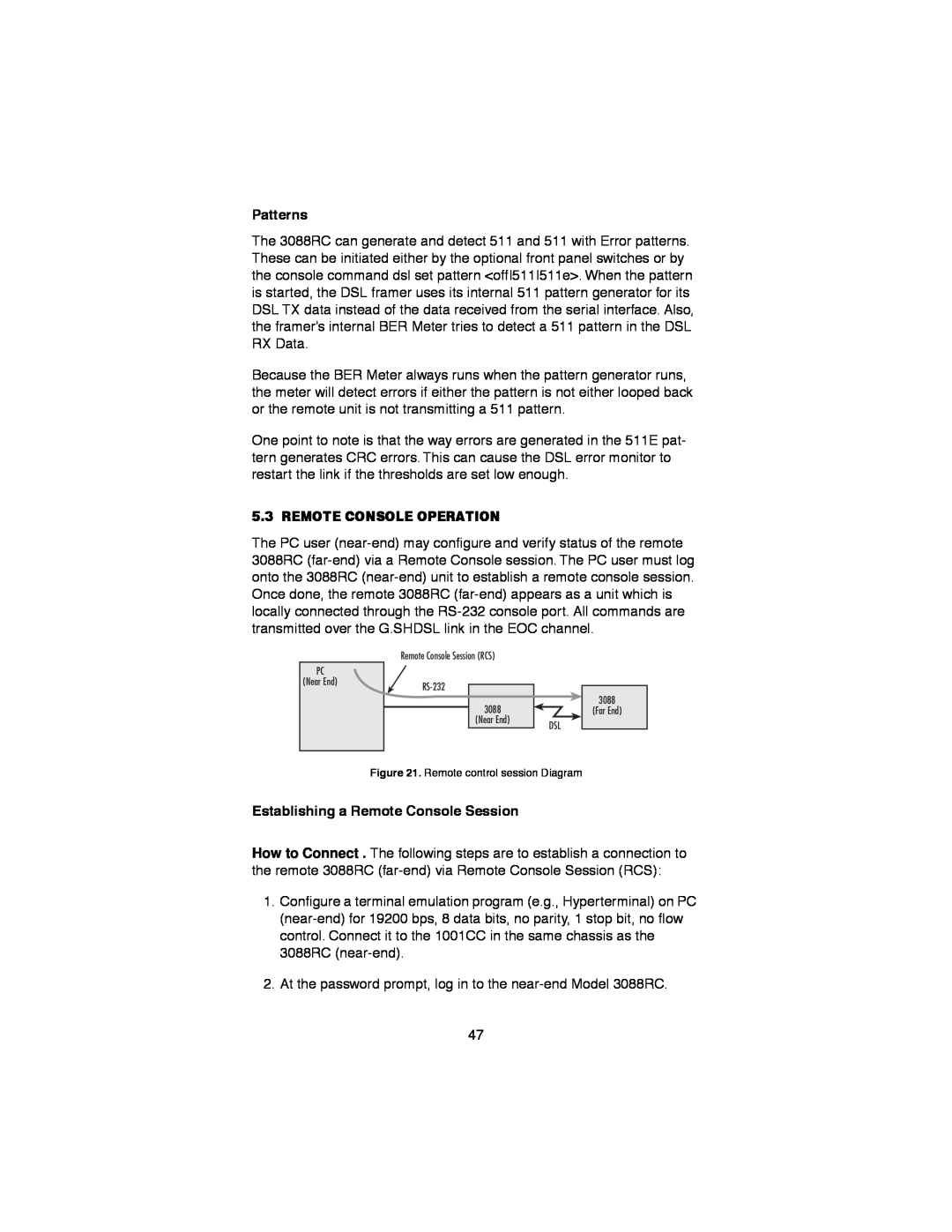 Patton electronic RocketLink-G NTU Rack Mount G.SHDSL Modem Card, 3088RC user manual Patterns, Remote Console Operation 