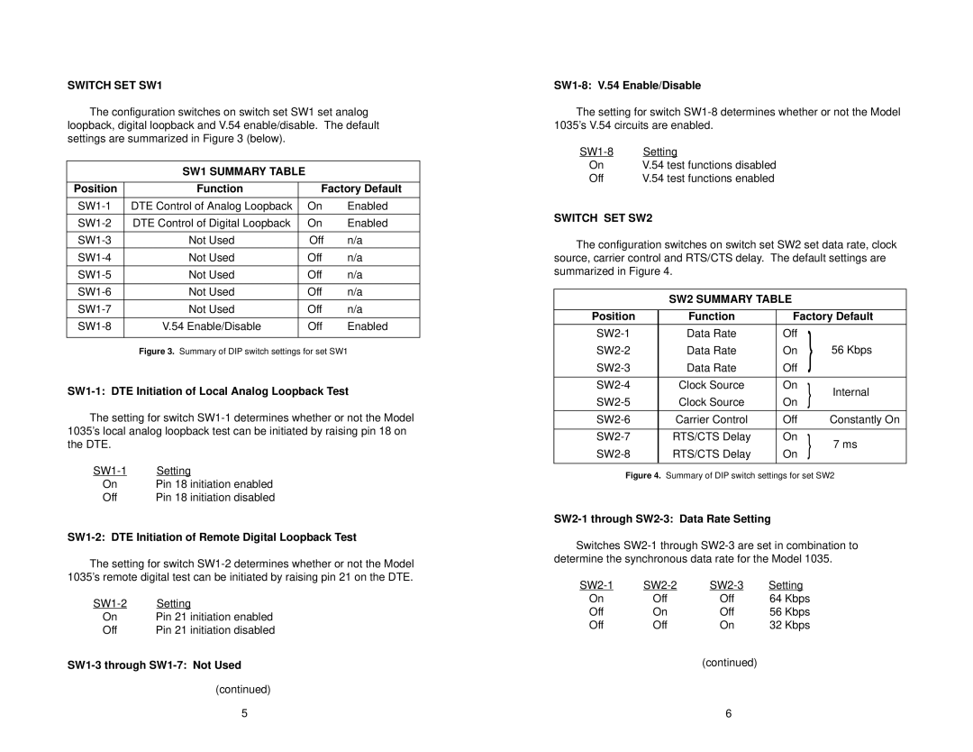 Patton electronic RS-232 user manual Switch SET SW1, SW1 Summary Table, Switch SET SW2, SW2 Summary Table 