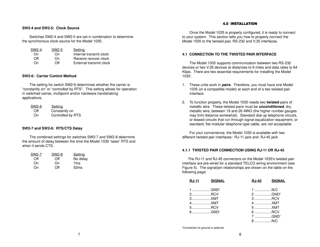 Patton electronic RS-232 Connection to the Twisted Pair Interface, Twisted Pair Connection Using RJ-11 or RJ-45, Signal 