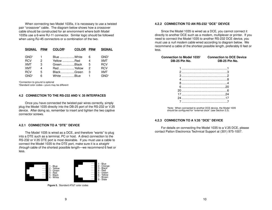 Patton electronic user manual Signal PIN# Color ‡, Connection to the RS-232 and V Interfaces, Connection to a DTE Device 