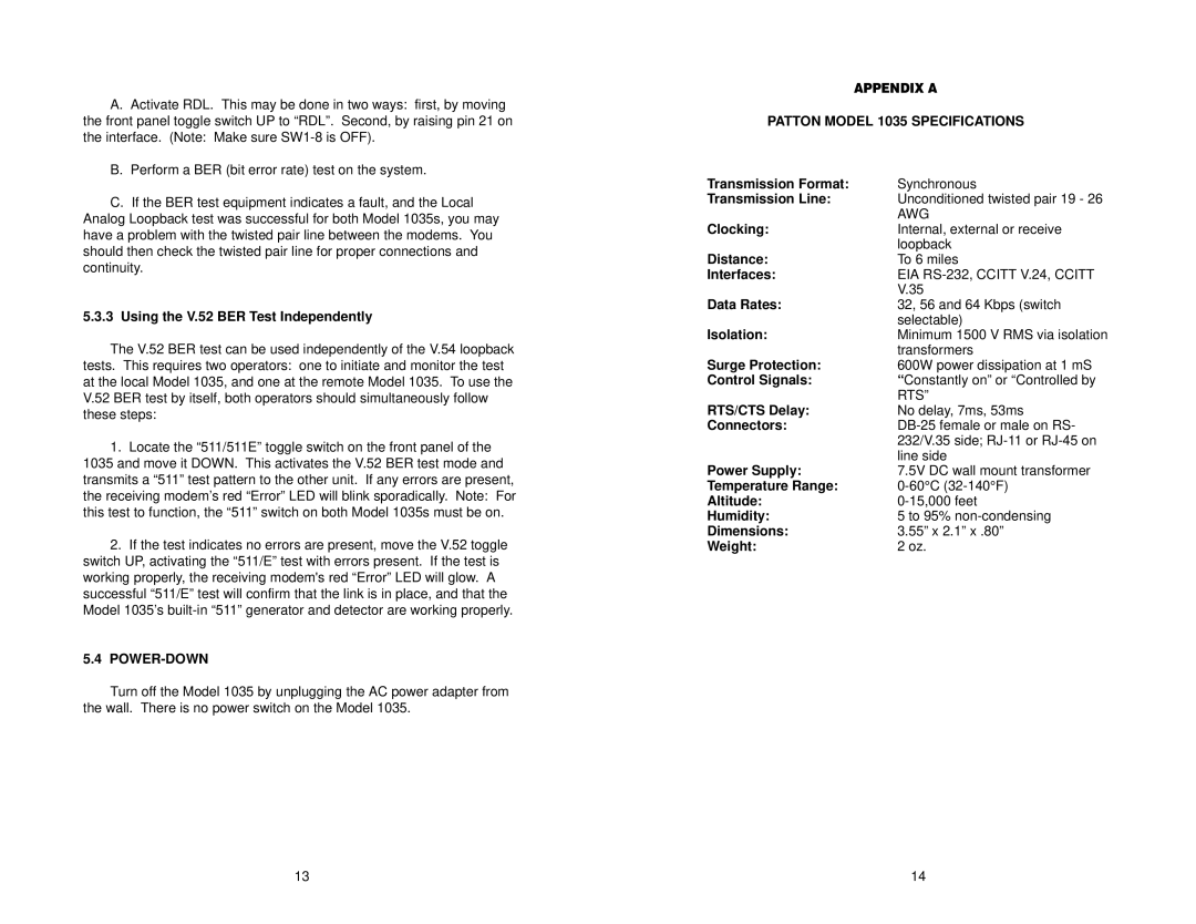 Patton electronic RS-232 user manual Power-Down, Patton Model 1035 Specifications 