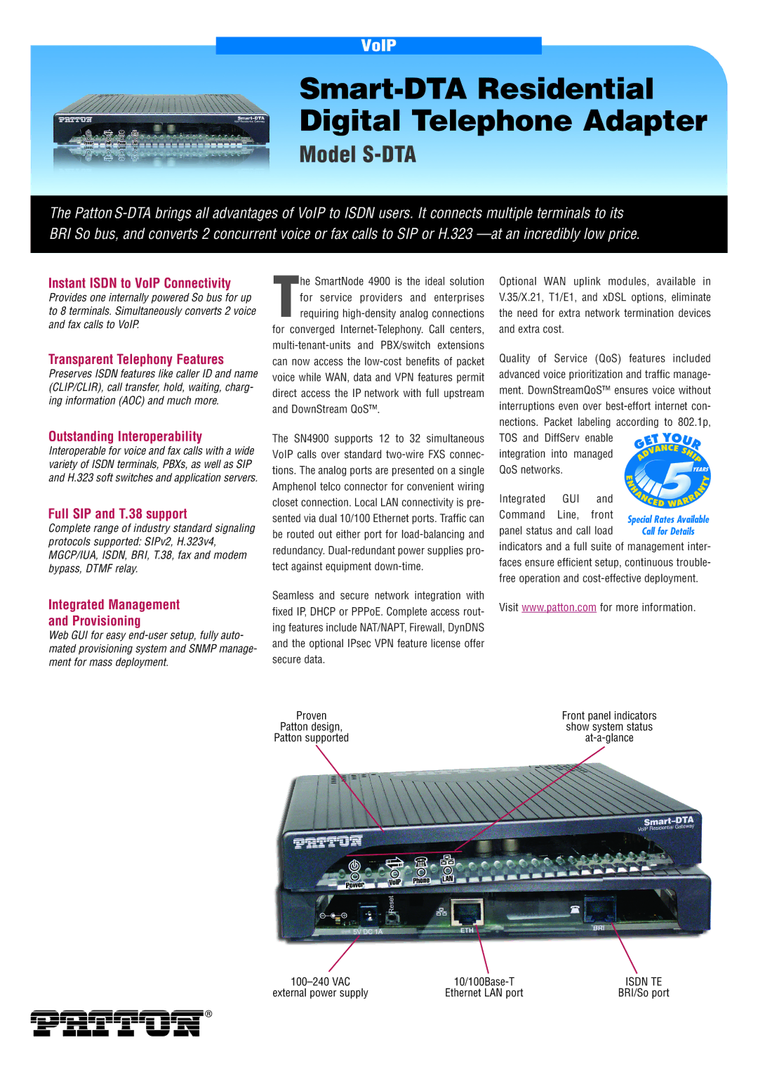 Patton electronic S-DTA manual Instant Isdn to VoIP Connectivity, Transparent Telephony Features 