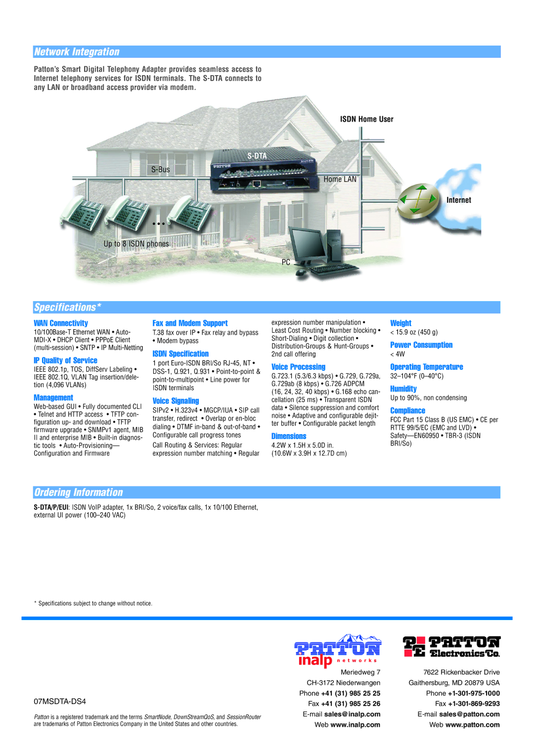 Patton electronic S-DTA manual Network Integration, Specifications, Ordering Information 