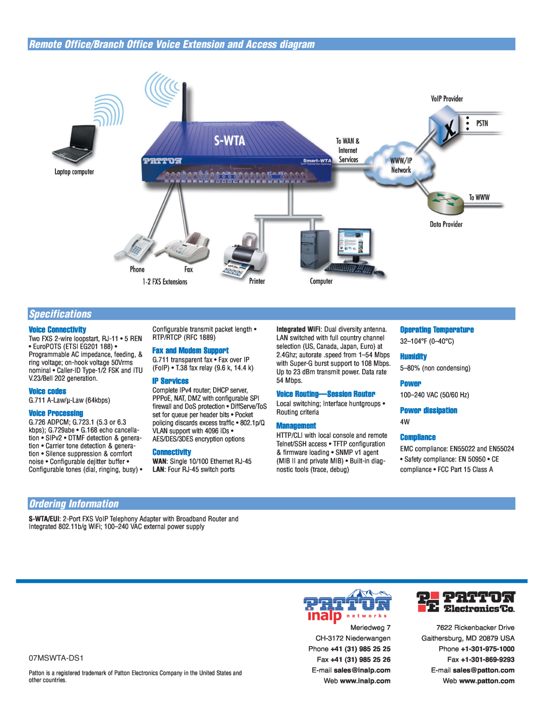 Patton electronic S-WTA manual Remote Office/Branch Office Voice Extension and Access diagram, Specifications 