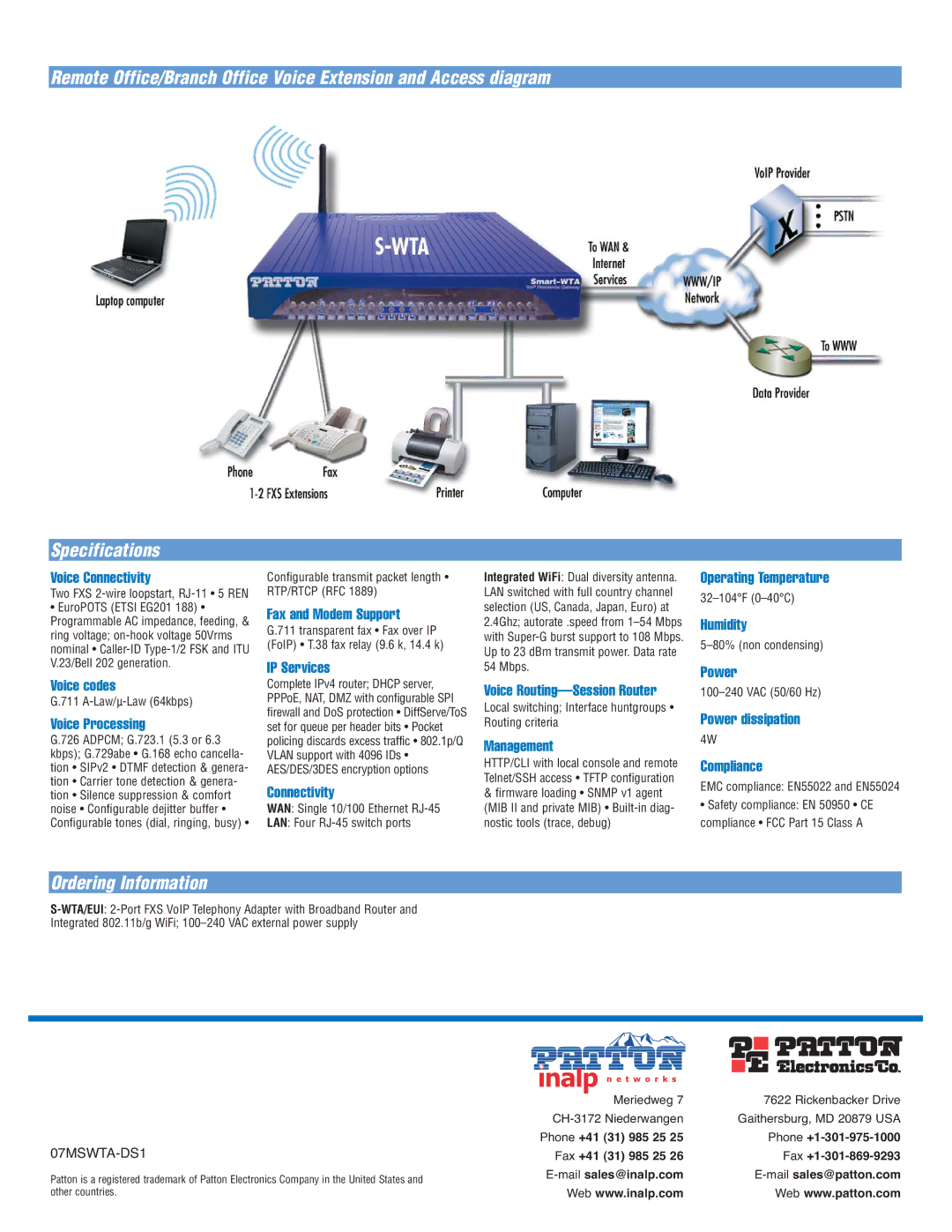 Patton electronic S-WTA Voice Connectivity, Voice codes, Voice Processing, Fax and Modem Support, IP Services, Management 