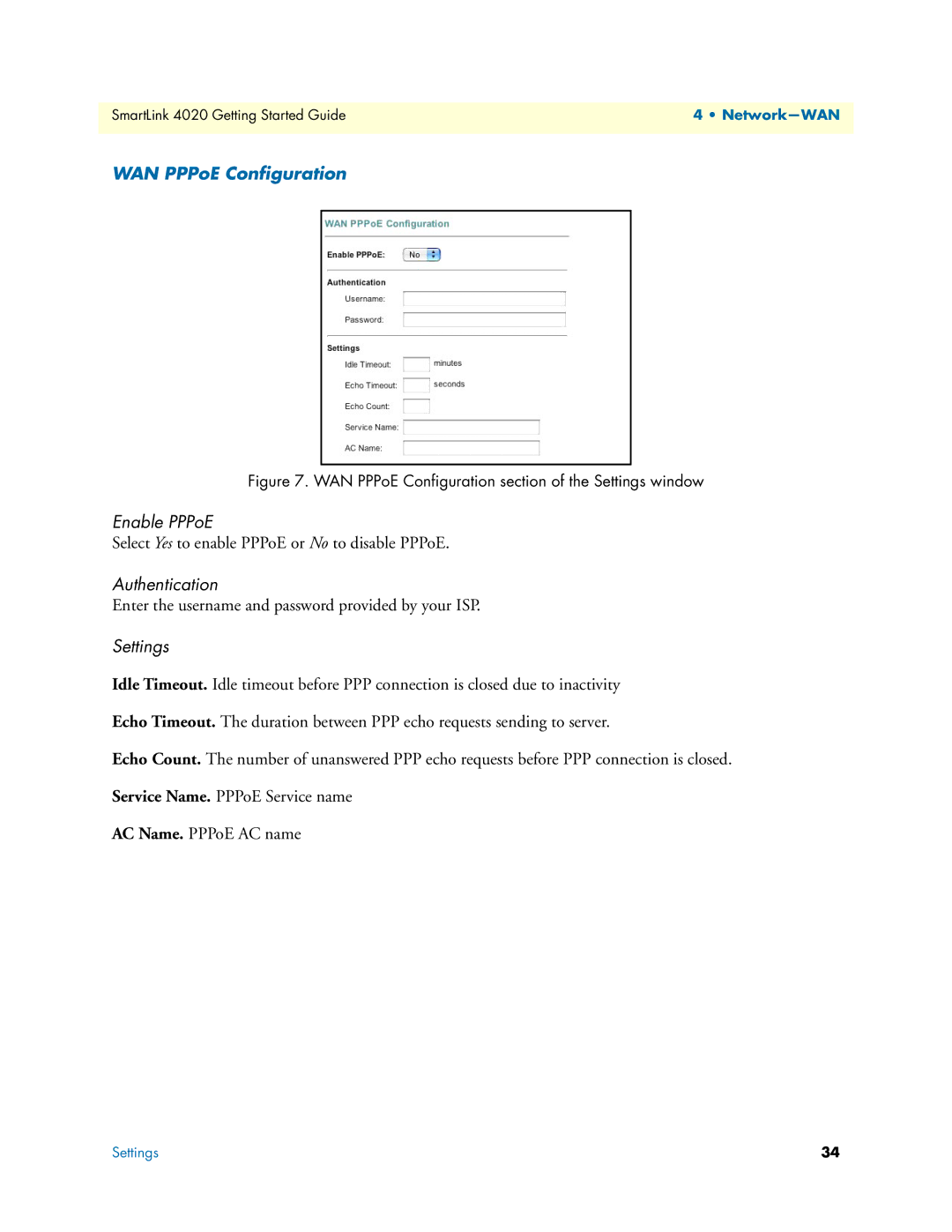 Patton electronic SL4020 manual WAN PPPoE Conﬁguration, Enable PPPoE, Authentication, Settings 