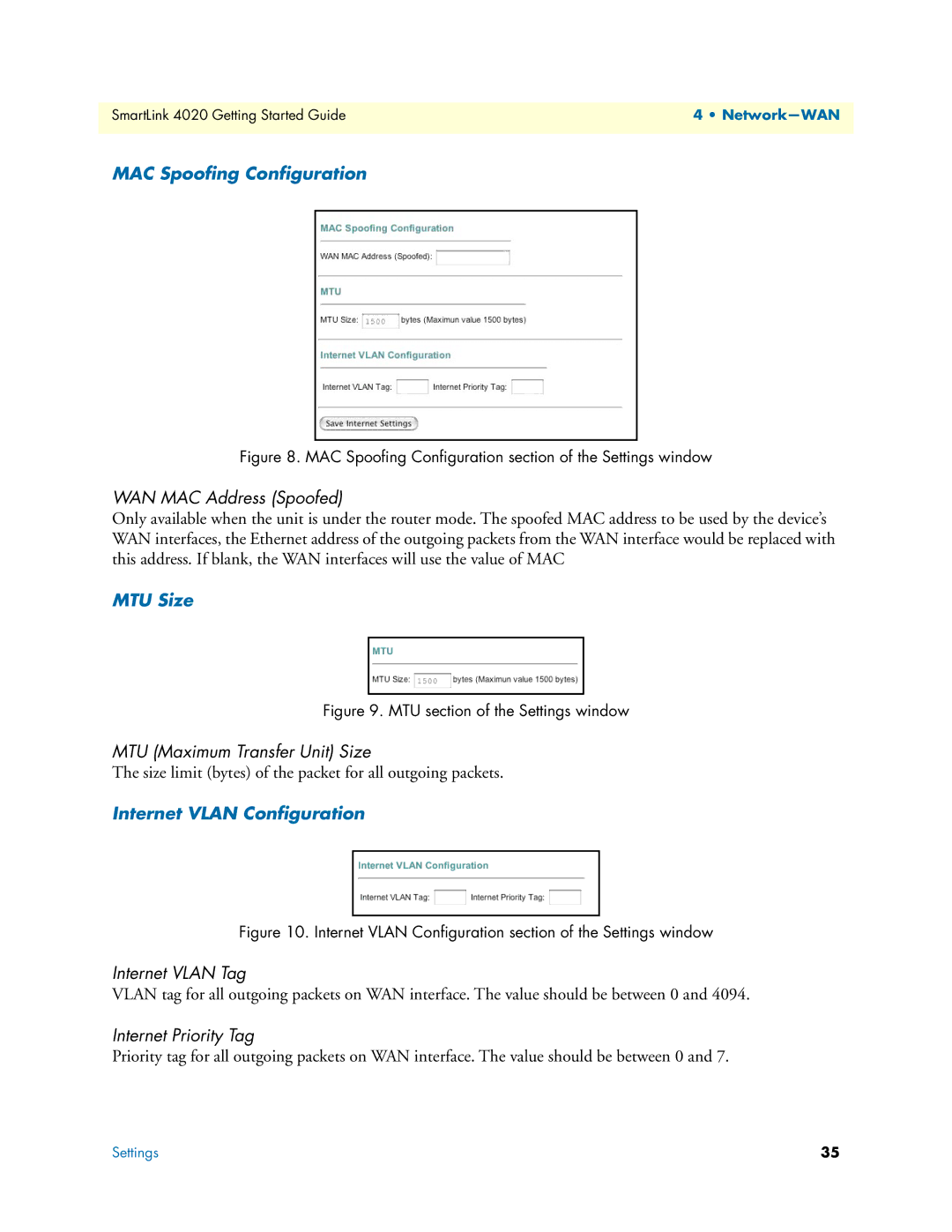 Patton electronic SL4020 manual MAC Spooﬁng Conﬁguration, MTU Size, Internet Vlan Conﬁguration 