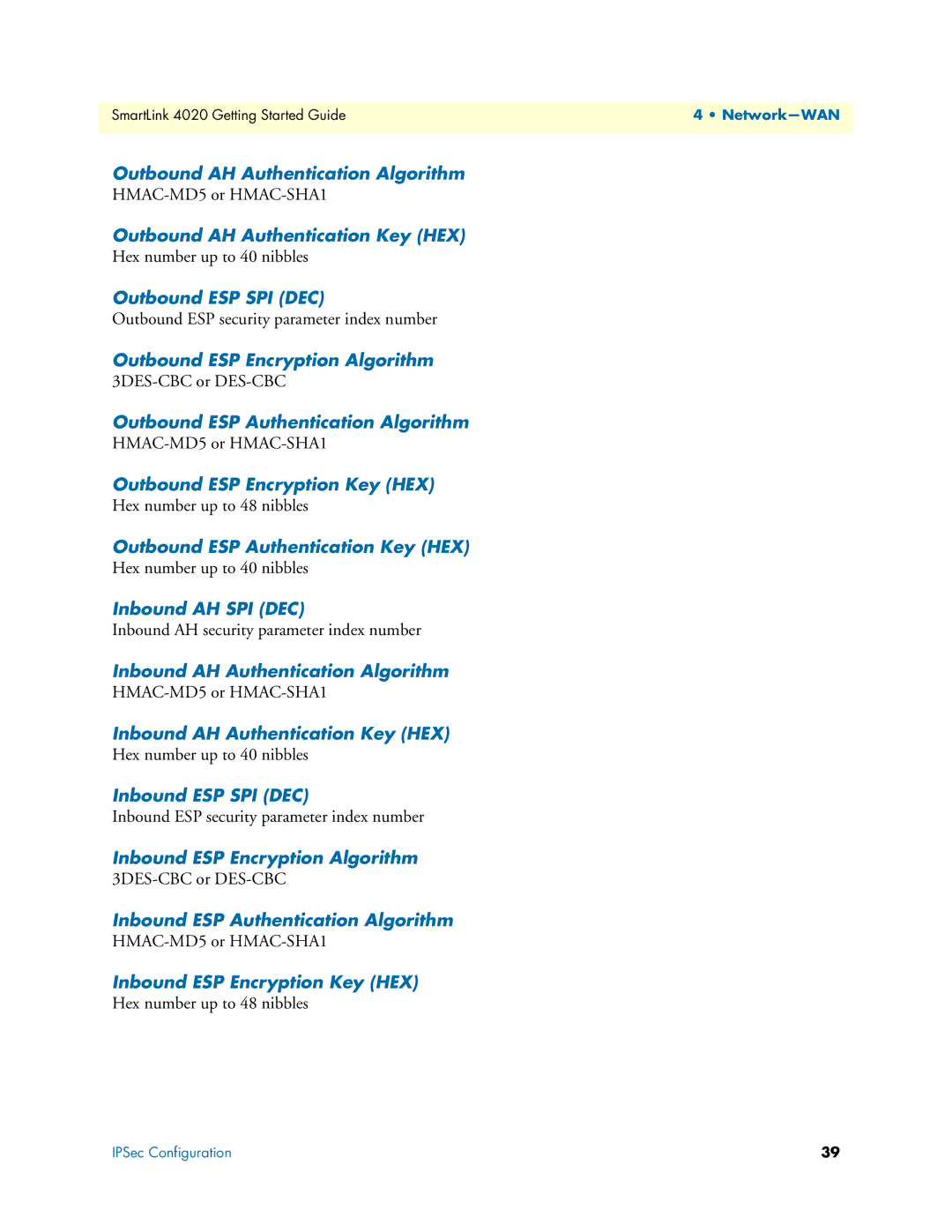 Patton electronic SL4020 Outbound AH Authentication Algorithm, Outbound AH Authentication Key HEX, Outbound ESP SPI DEC 