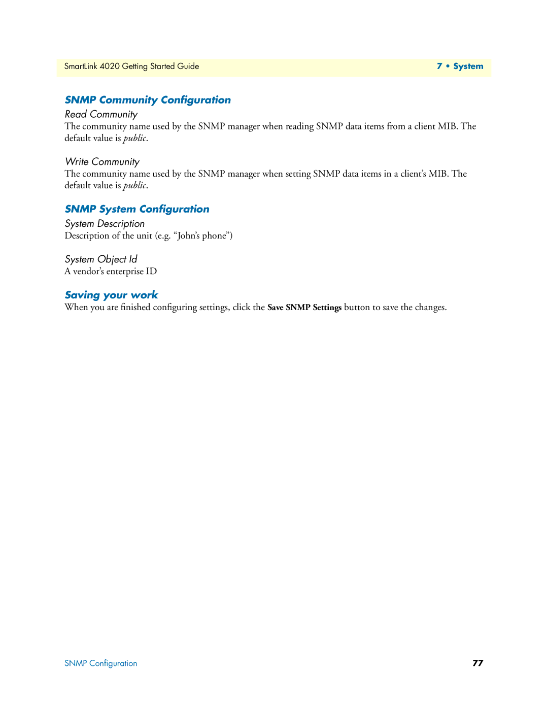 Patton electronic SL4020 manual Snmp Community Conﬁguration, Snmp System Conﬁguration 