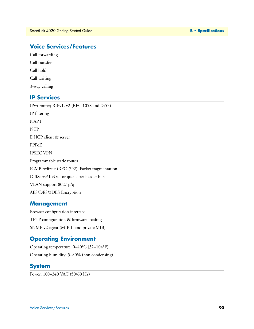 Patton electronic SL4020 manual Voice Services/Features, IP Services, Management, Operating Environment, System 