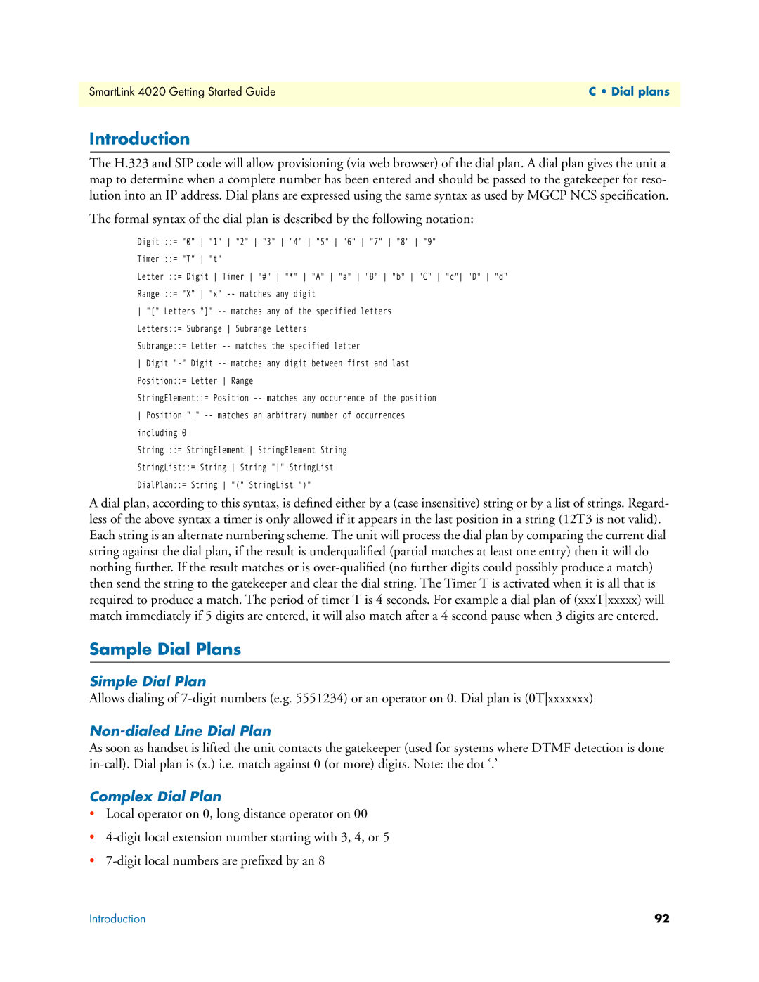 Patton electronic SL4020 manual Sample Dial Plans, Simple Dial Plan, Non-dialed Line Dial Plan, Complex Dial Plan 