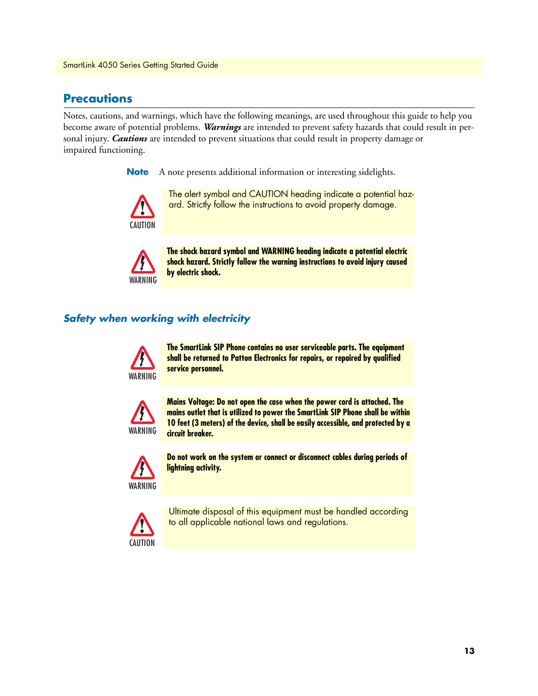 Patton electronic SL4050/2, SL4050/10 manual Precautions, Safety when working with electricity 