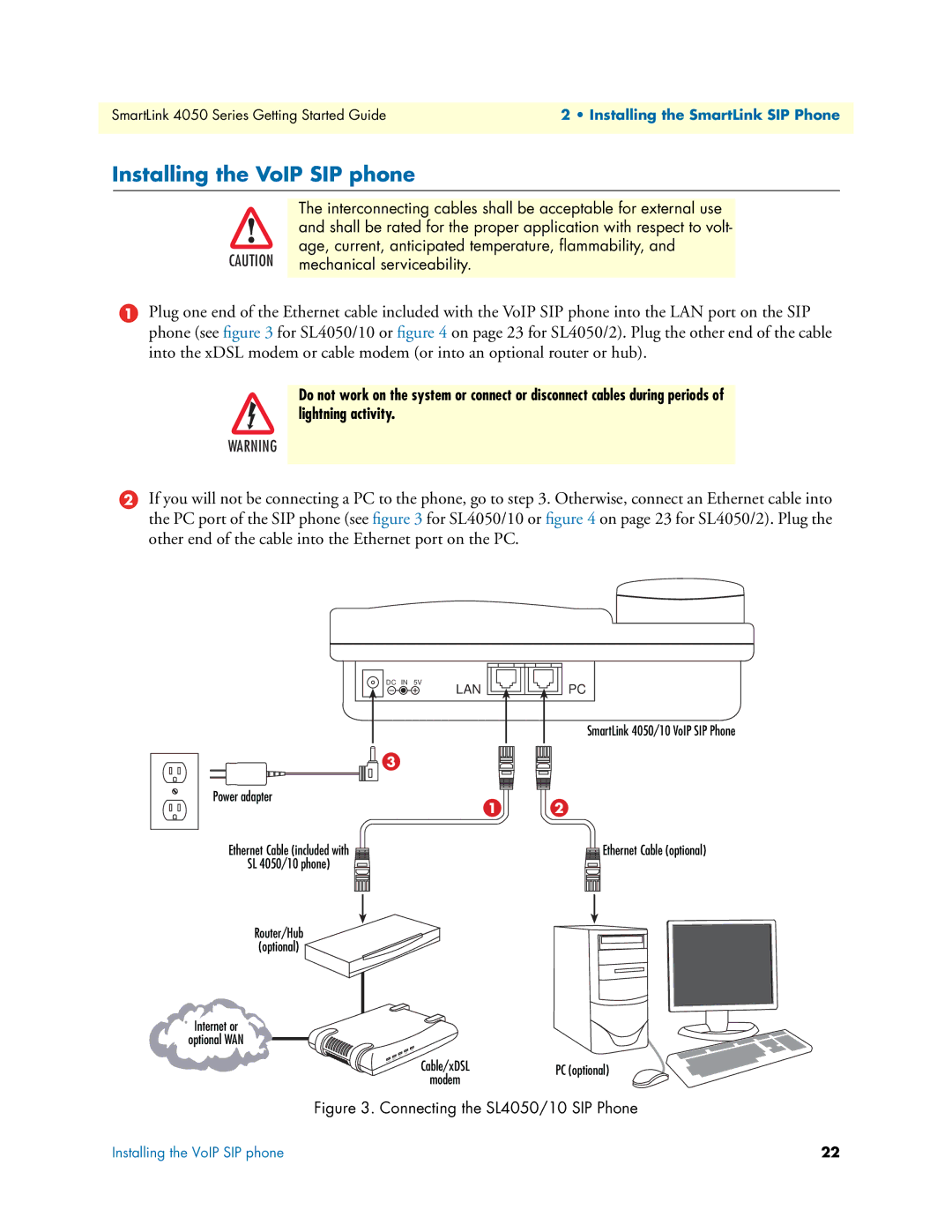 Patton electronic SL4050/10, SL4050/2 manual Installing the VoIP SIP phone, Ethernet Cable optional 