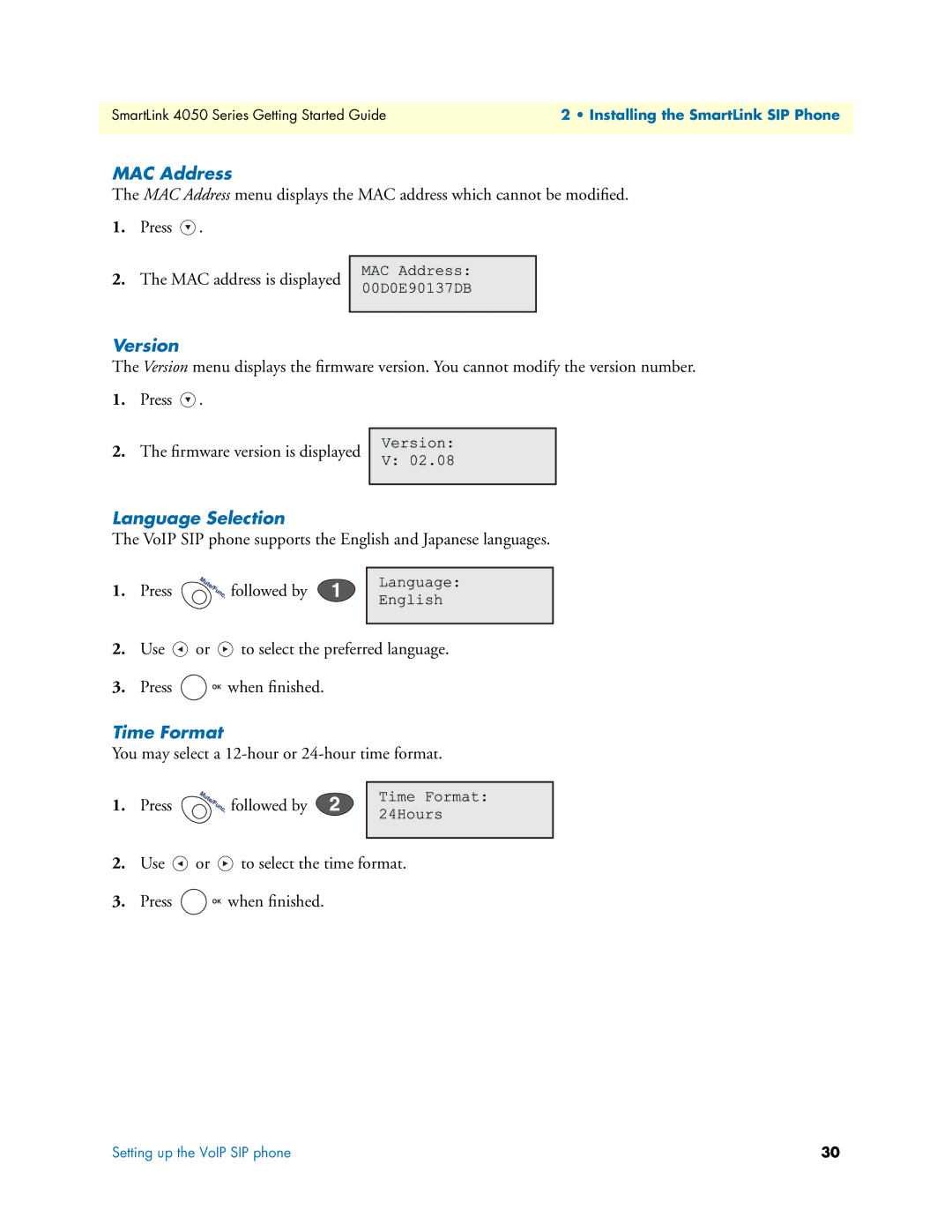 Patton electronic SL4050/10, SL4050/2 manual MAC Address, Version, Language Selection, Time Format 