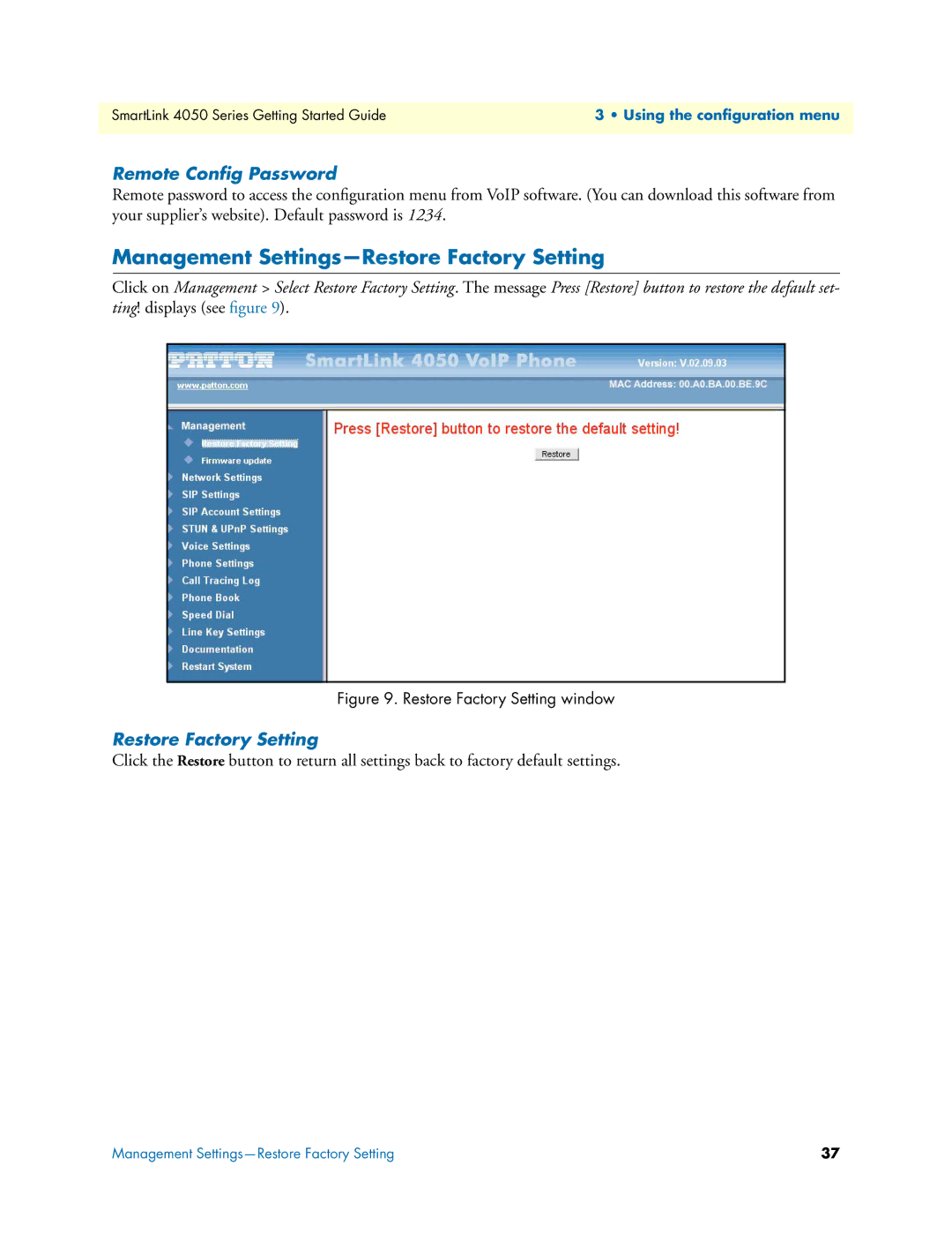 Patton electronic SL4050/2, SL4050/10 manual Management Settings-Restore Factory Setting, Remote Conﬁg Password 