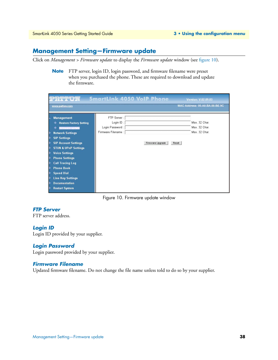 Patton electronic SL4050/10 Management Setting-Firmware update, FTP Server, Login ID, Login Password, Firmware Filename 