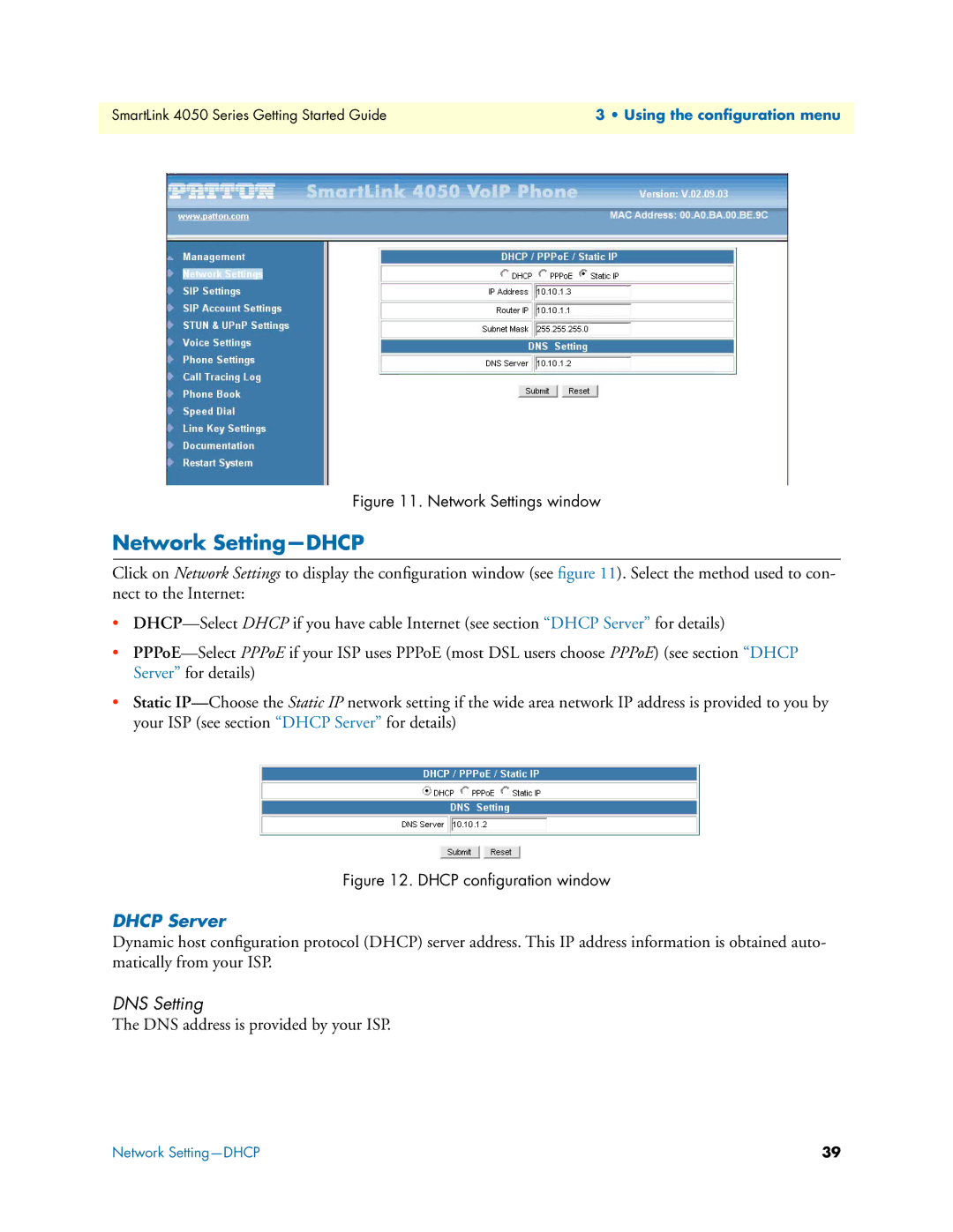 Patton electronic SL4050/2, SL4050/10 manual Network Setting-DHCP, Dhcp Server, DNS Setting 