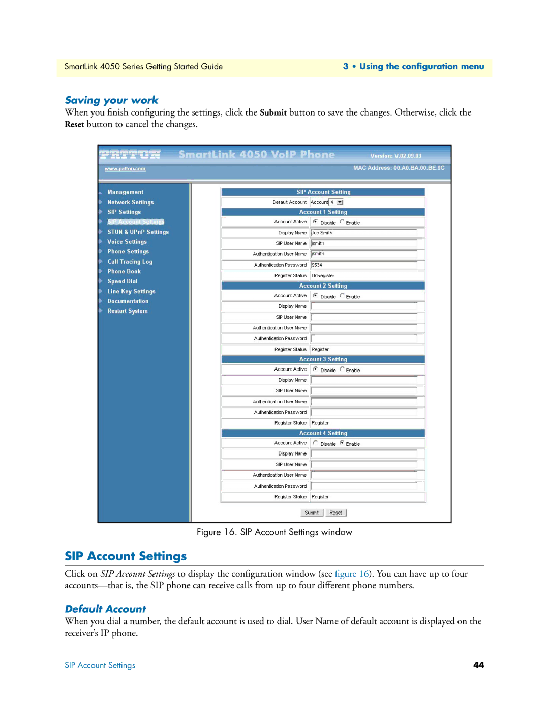 Patton electronic SL4050/10, SL4050/2 manual SIP Account Settings, Saving your work, Default Account 