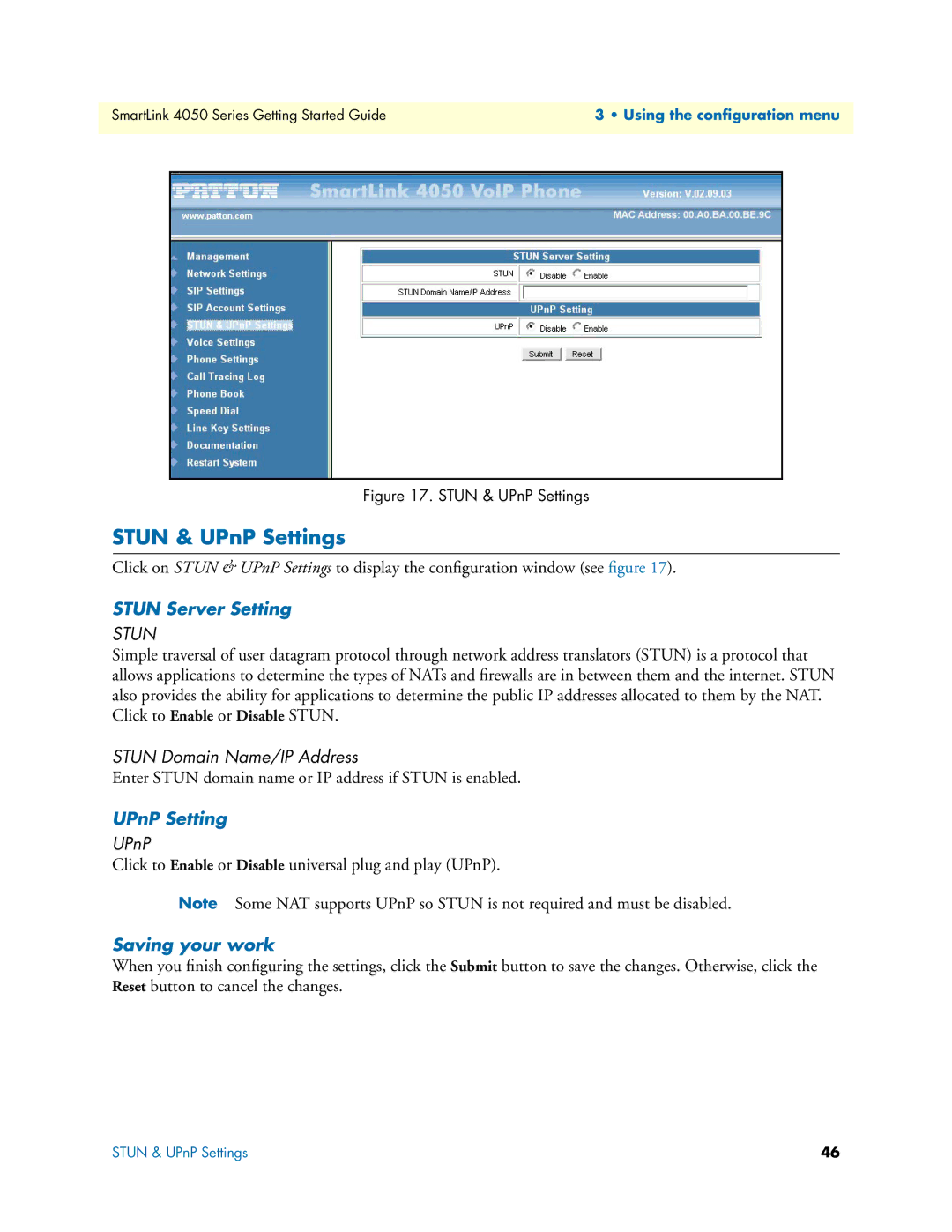 Patton electronic SL4050/10, SL4050/2 manual Stun & UPnP Settings, Stun Server Setting, Stun Domain Name/IP Address 