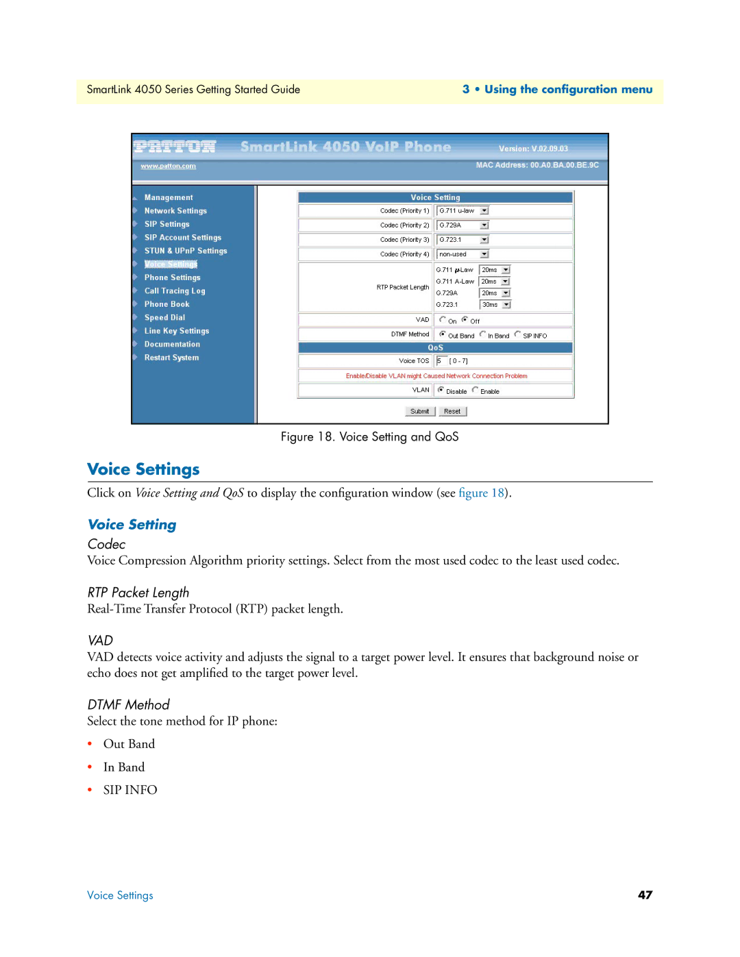 Patton electronic SL4050/2, SL4050/10 manual Voice Settings, Codec, RTP Packet Length, Dtmf Method 