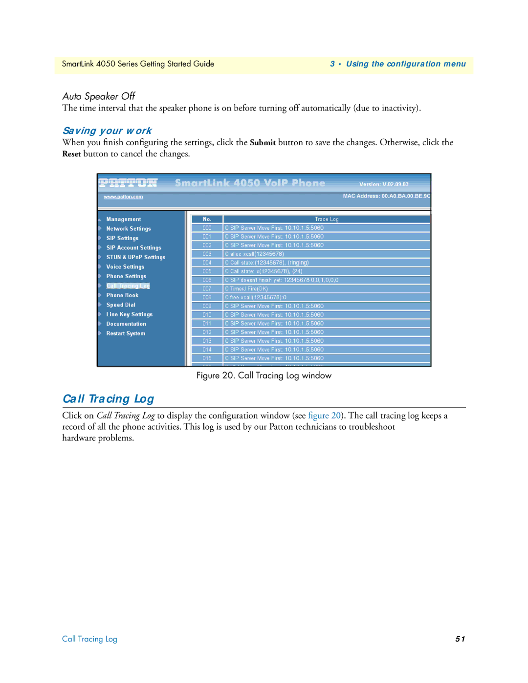 Patton electronic SL4050/2, SL4050/10 manual Call Tracing Log, Auto Speaker Off 