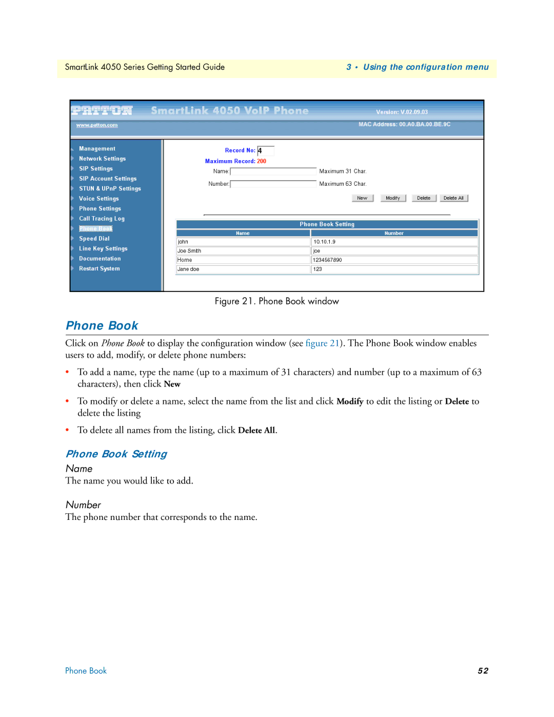 Patton electronic SL4050/10, SL4050/2 manual Phone Book Setting, Name, Number 