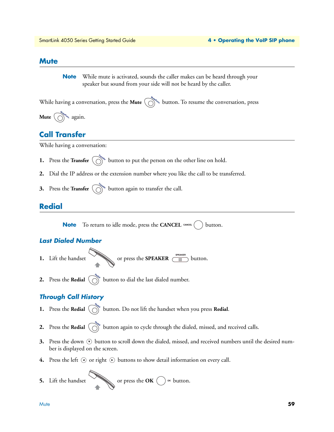 Patton electronic SL4050/2, SL4050/10 manual Mute, Call Transfer, Redial, Last Dialed Number, Through Call History 