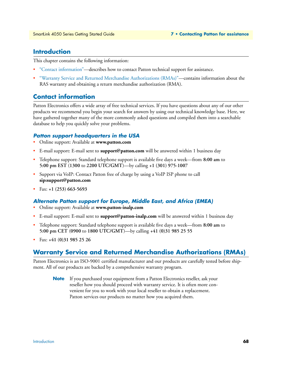 Patton electronic SL4050/10, SL4050/2 manual Contact information, Patton support headquarters in the USA 