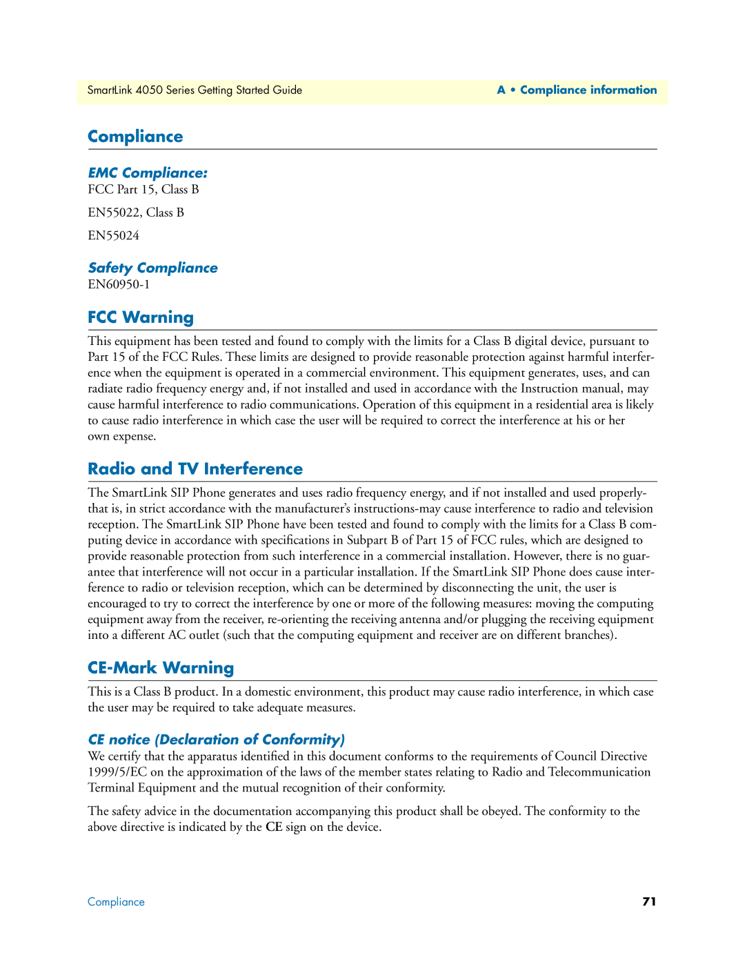 Patton electronic SL4050/2, SL4050/10 manual Compliance, FCC Warning Radio and TV Interference, CE-Mark Warning 